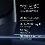 Netgear RBKE963B Orbi Quad-Band AXE11000 Wifi 6E Ultra Performance Mesh System - Wifi 6E Router & 2 Satellites with 10 Gig | 3x 2.5 Gig | 9x 1 Gig | Coverage up to 9000 sqft| Black Edition
