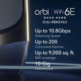 Netgear RBKE963 Orbi Quad-Band AXE11000 Wifi 6E Ultra Performance Mesh System - Wifi 6E Router & 2 Satellites with 10 Gig | 3x 2.5 Gig | 9x 1 Gig | Coverage up to 9000 sqft | White Edition