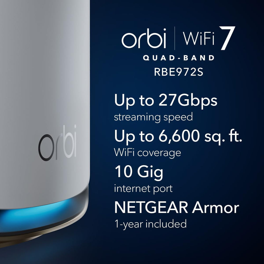 Netgear BE27000 Mesh WiFi System (RBE972S) Orbi Series Quad-Band WiFi 7 Mesh System 2 Pack | White Edition