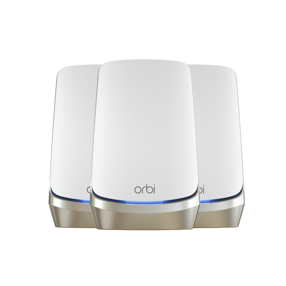 Netgear RBKE963 Orbi Quad-Band AXE11000 Wifi 6E Ultra Performance Mesh System - Wifi 6E Router & 2 Satellites with 10 Gig | 3x 2.5 Gig | 9x 1 Gig | Coverage up to 9000 sqft | White Edition