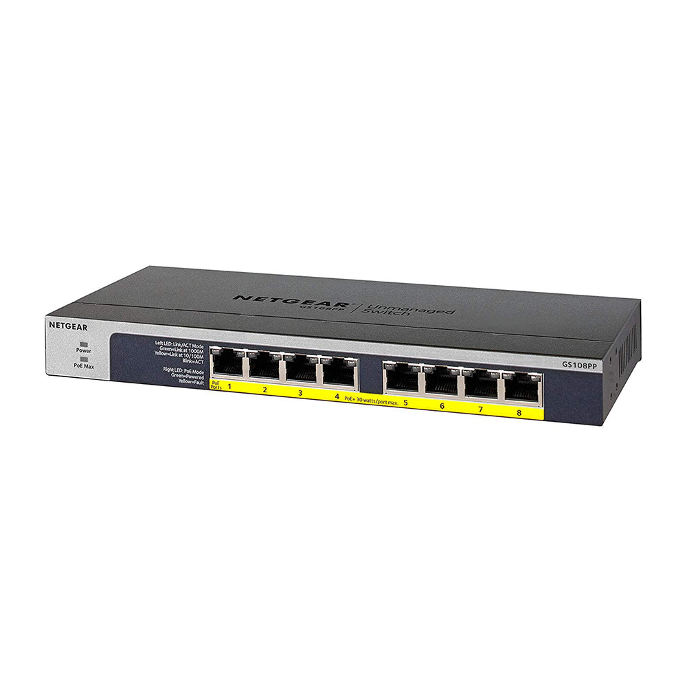Netgear 8-Port Gigabit Ethernet Unmanaged PoE Switch (GS108PP) - with 8 x PoE+ @ 123W Upgradeable, Desktop/Rackmount, and ProSAFE Limited Lifetime Protection