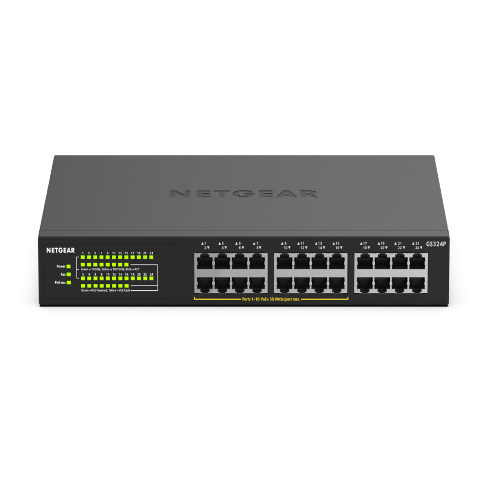 Netgear 24-Port Gigabit Ethernet Unmanaged PoE+ Switch (GS324P) - with 16 x PoE+ @ 190W, Desktop/Wallmount