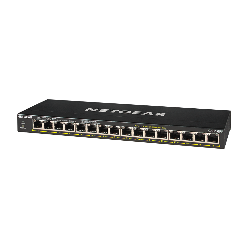 Netgear 16-Port Gigabit Ethernet Unmanaged High-Power PoE+ Switch with 183W PoE Budget (GS316PP)