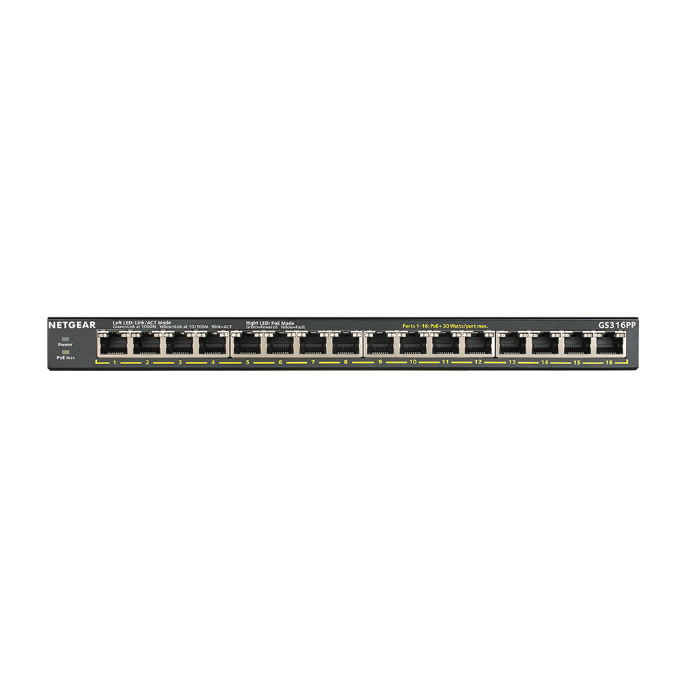Netgear 16-Port Gigabit Ethernet Unmanaged High-Power PoE+ Switch with 183W PoE Budget (GS316PP)