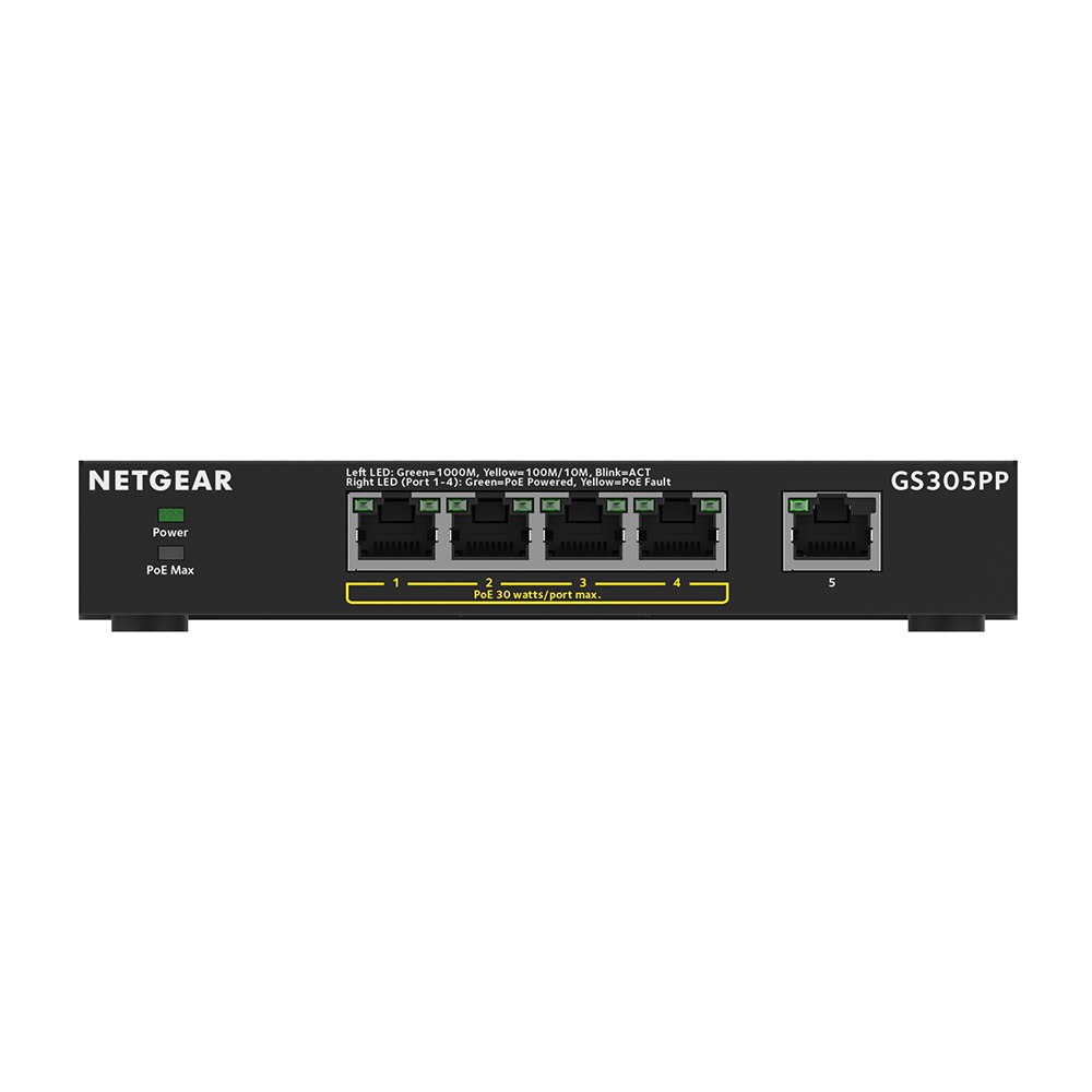 Netgear 5-Port Gigabit Ethernet Unmanaged PoE+ Switch (GS305PP) - with 4 x PoE @ 83W, Desktop, Sturdy Metal Fanless Housing