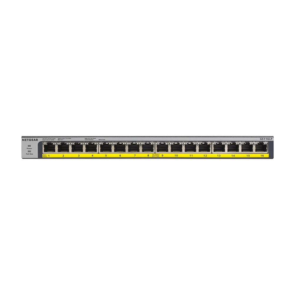 Netgear 16-Port Gigabit Ethernet Unmanaged PoE Switch (GS116LP) - with 16 x PoE+ @ 76W Upgradeable, Desktop/Rackmount, and ProSAFE Limited Lifetime Protection