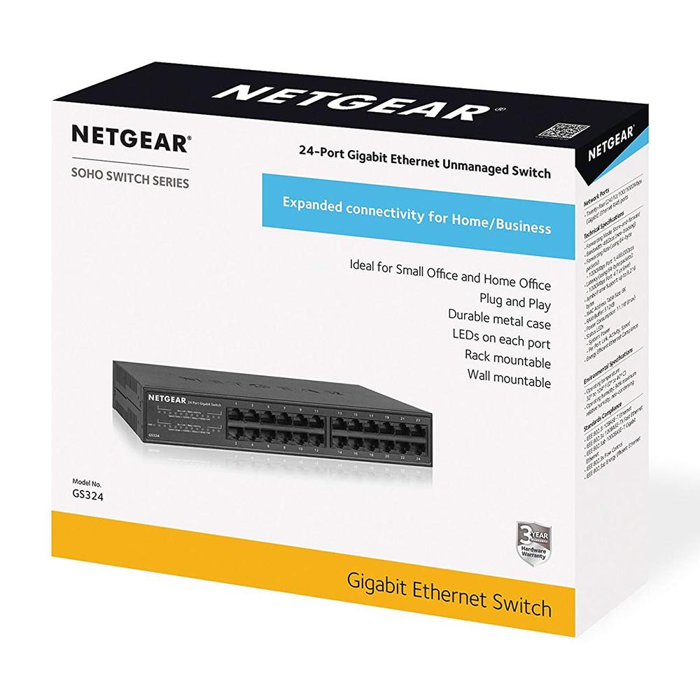 Netgear 24-Port Gigabit Ethernet Unmanaged Switch (GS324) - Desktop/Rackmount, Fanless Housing for Quiet Operation