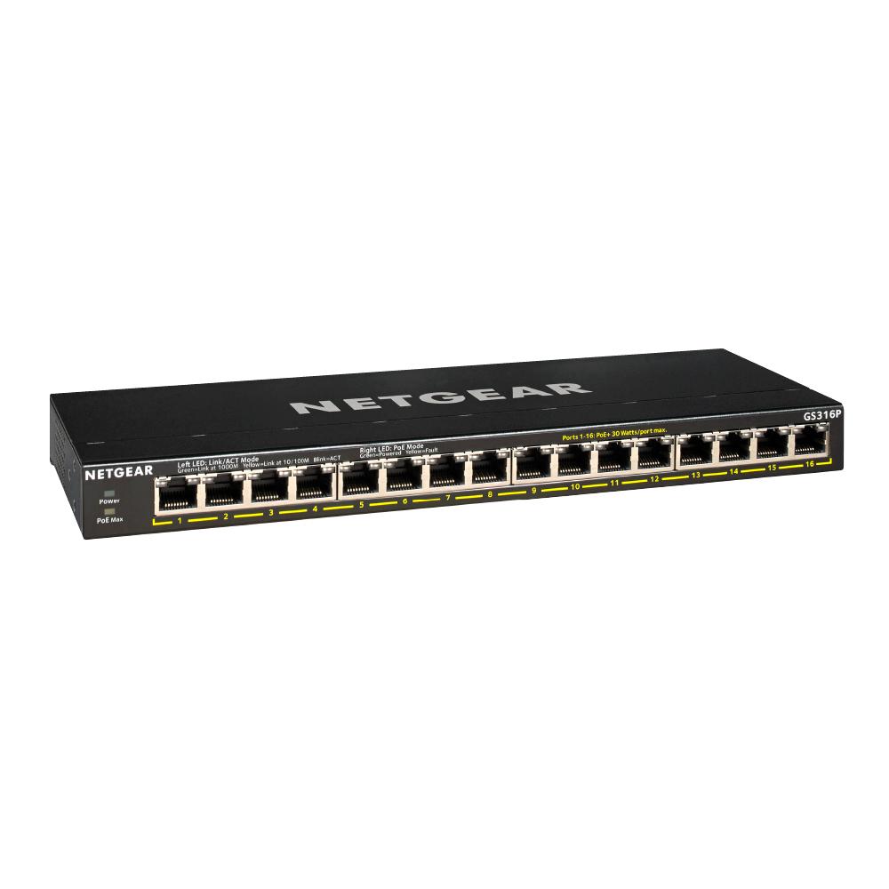 Netgear 16-Port Gigabit Ethernet Unmanaged PoE+ Switch (GS316P) - with 16 x PoE+ @ 115W, Desktop/Wallmount, Sturdy Metal